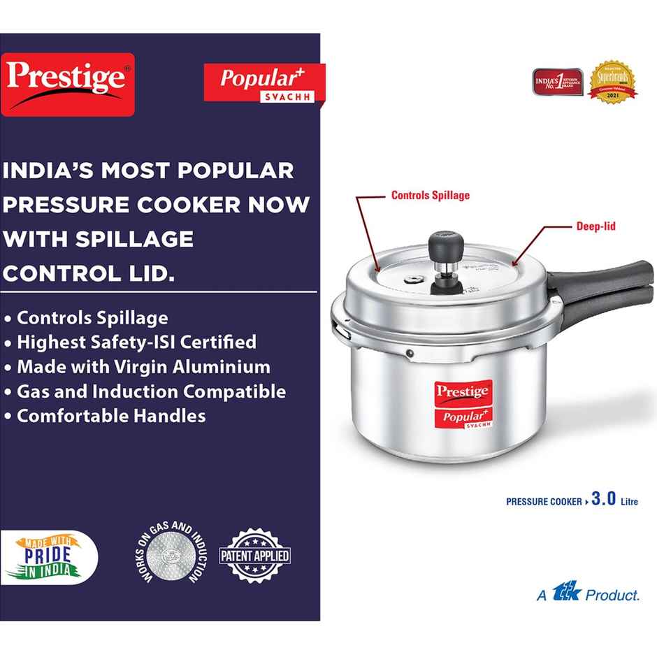 Prestige Aluminium Outer Lid Popular Plus Svachh Spillage Control Pressure Cooker, 3 L (Silver)