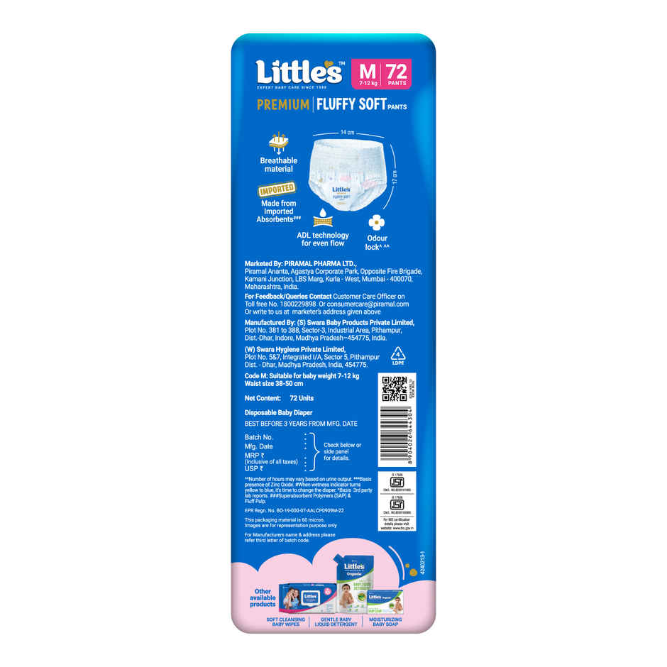 Little's Fluffy Soft Premium Baby Pant Style Diaper | M | Leakage Free | 72 pcs