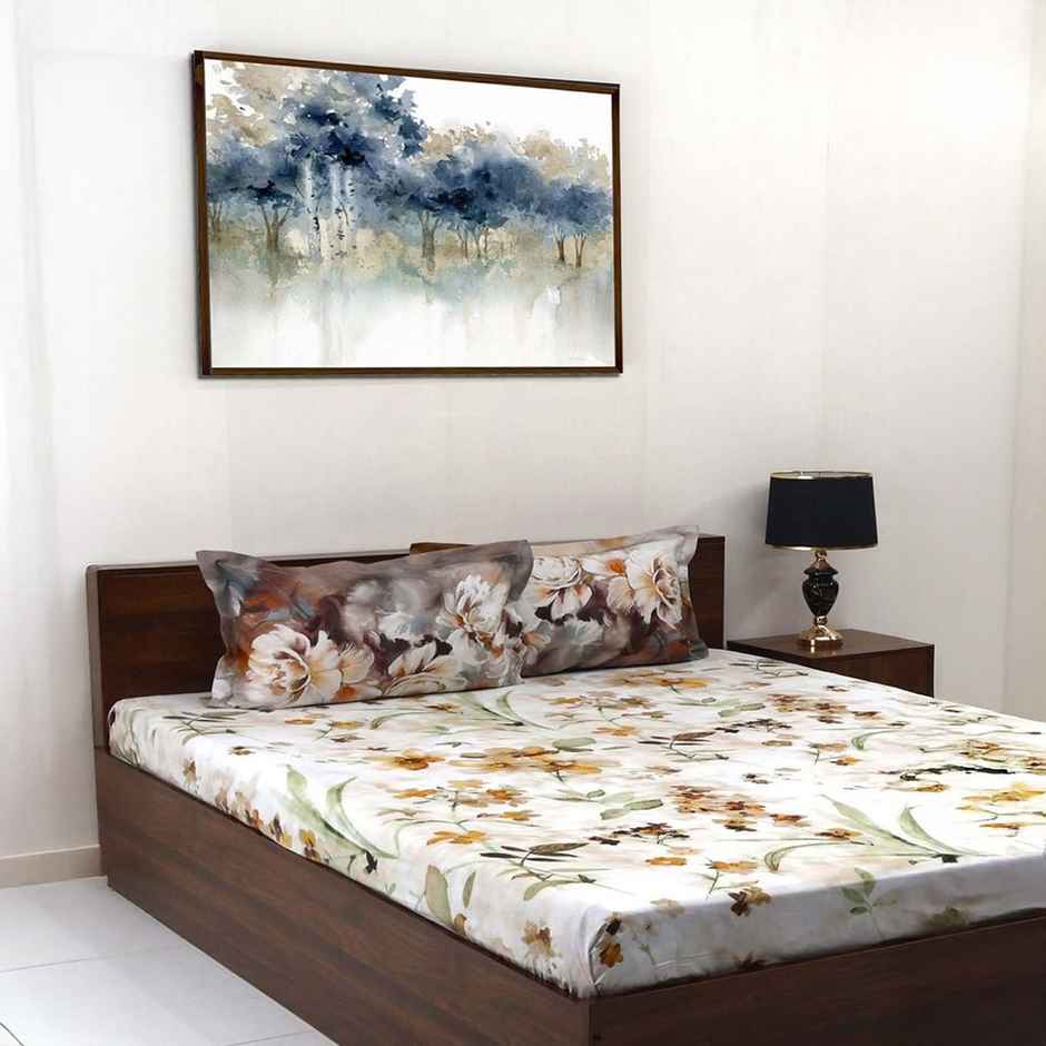 Bombay Dyeing Blooming Muse 144 TC 100% Cotton Brown Super King Size Bedsheet with 2 Pillow Covers