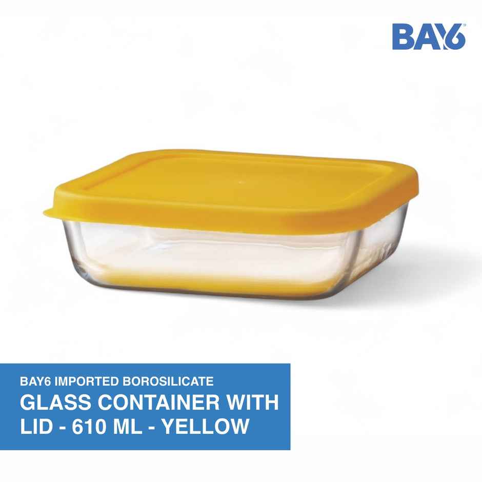 BAY6 Premium Imported Borosilicate Glass Container with Lid - 610 ml - Yellow