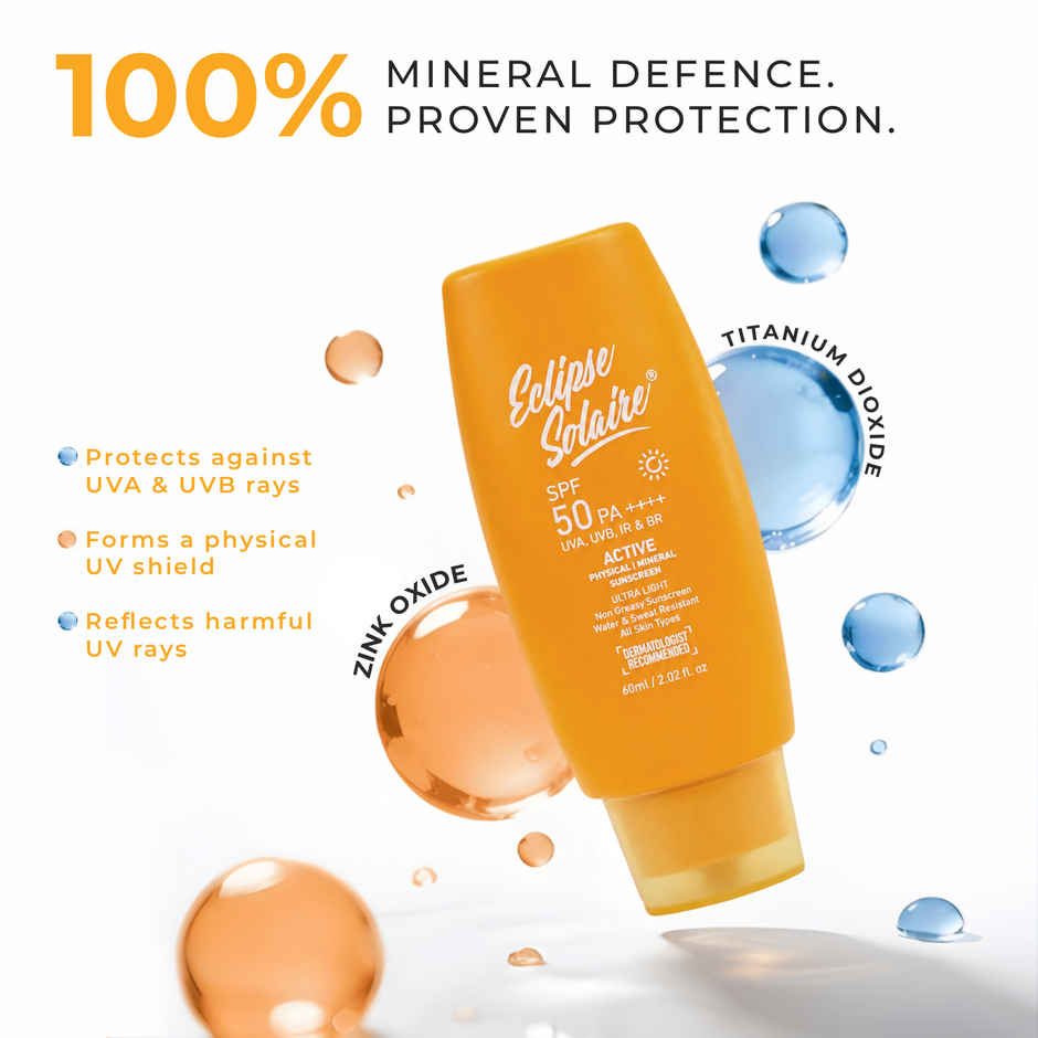 Eclipse Solaire Active Sunscreen SPF 50 PA++++ No White Cast, Non-Greasy Formula for All Skin Types