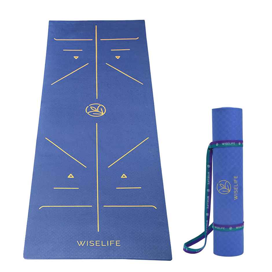 Wiselife Tru Body Alignment Yoga Mat + Sleek Yoga Strap - Navy Blue