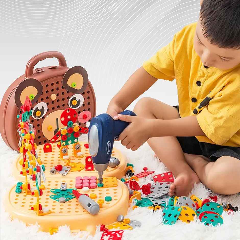 Kidology Electric Drill Screw Tool Set Creative Mosaic Puzzle Toy, 203 Pcs 3D Creativity Education