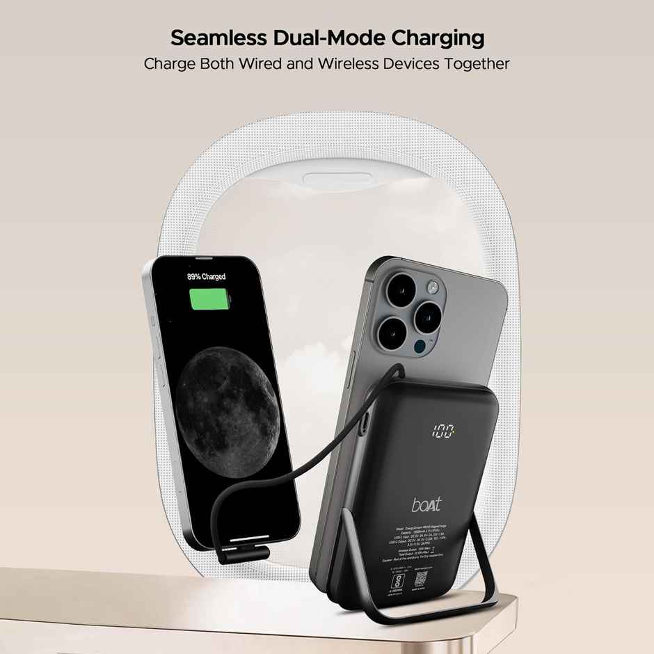 boAt Energyshroom PB330 MagnaCharge 10000 mAh Magnetic Wireless Power Bank w/ 15W Wireless Charging, Metal Stand,Magnacharge Ring for iPhone and Android Phones w/Wireless Charge - White
