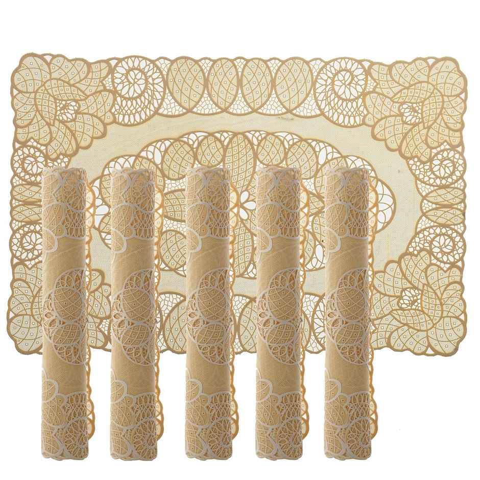 Kuber Industries Polyester Dining Table Placemat Set | Gold Floral | Set of 6