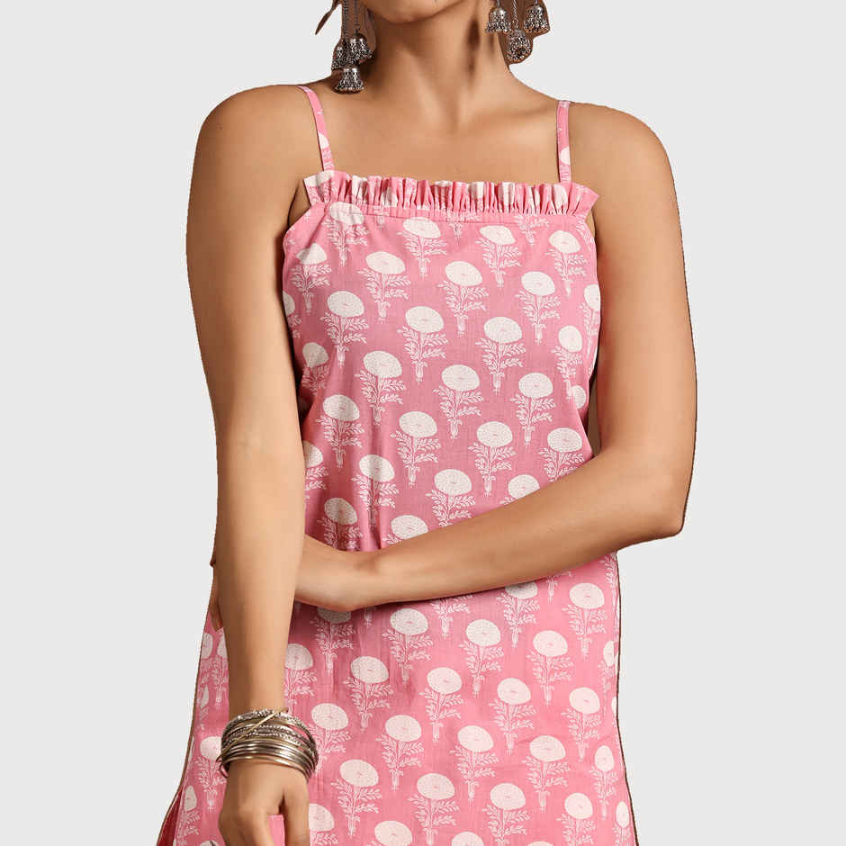 Libas Women's Printed Cotton Straight Kurta Set | Pink - L