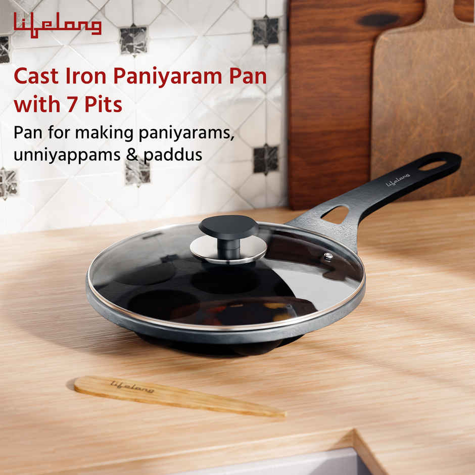 Lifelong Cast Iron Paniyaram Pan 7 Pits with Glass Lid