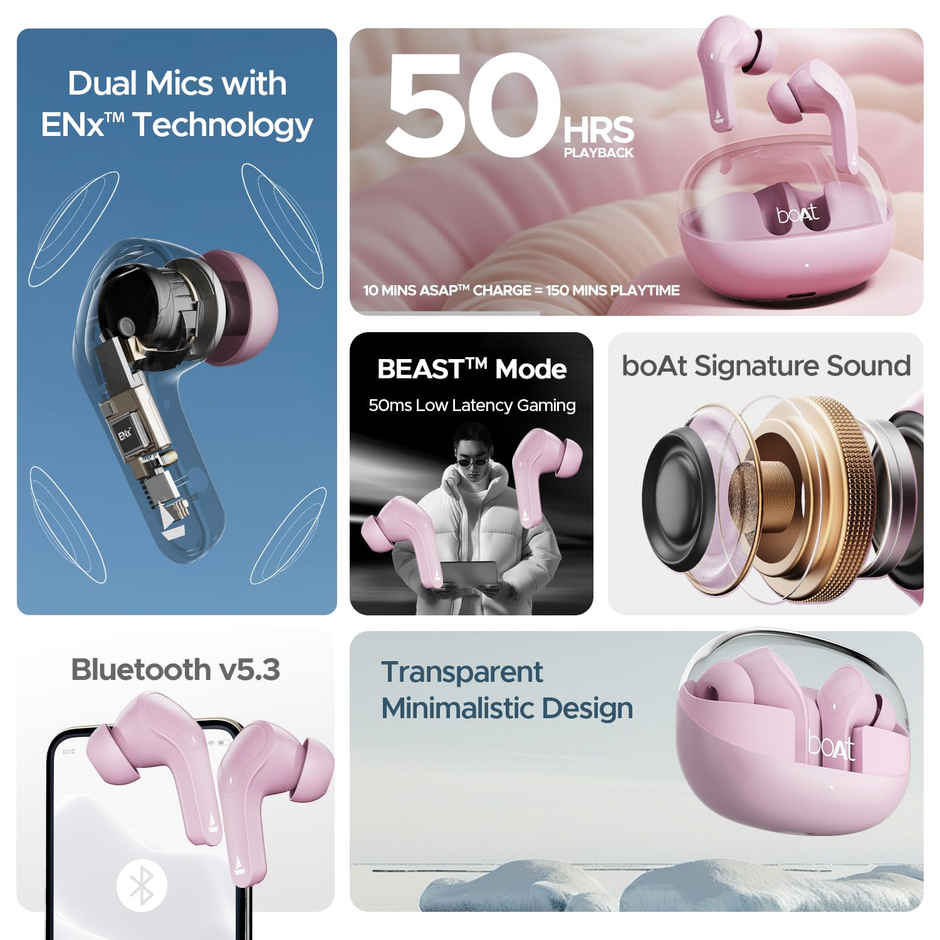 boAt Airdopes 311 Pro in Ear TWS Earbuds with mic, ANC, 50H Battery, Fast Charge, Dual Mics ENx Tech, Transparent LID, Low Latency, IPX4, IWP Tech, BT v5.3 - Lavender Rush Pink