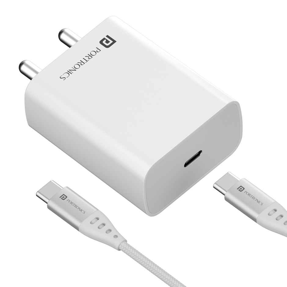 Portronics Adapto 25 Pro 25W Fast Charging Type C Adapter with Type C Charging Cable,PPS Protection,for iPhone 15/14/13/12/11 & Pro Max Series,Samsung S24/S23/S22/S20/S21/S21 Other Type C Devices - White