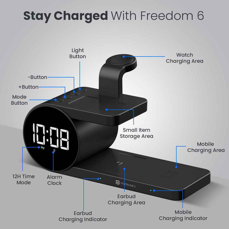 Portronics Freedom 6 15W Wireless Charger with 6-in-1 Function, Earbuds & Watch Wireless Charging, Digital Clock with Alarm, Compatible with iPhones/Samsung Smartphone Series