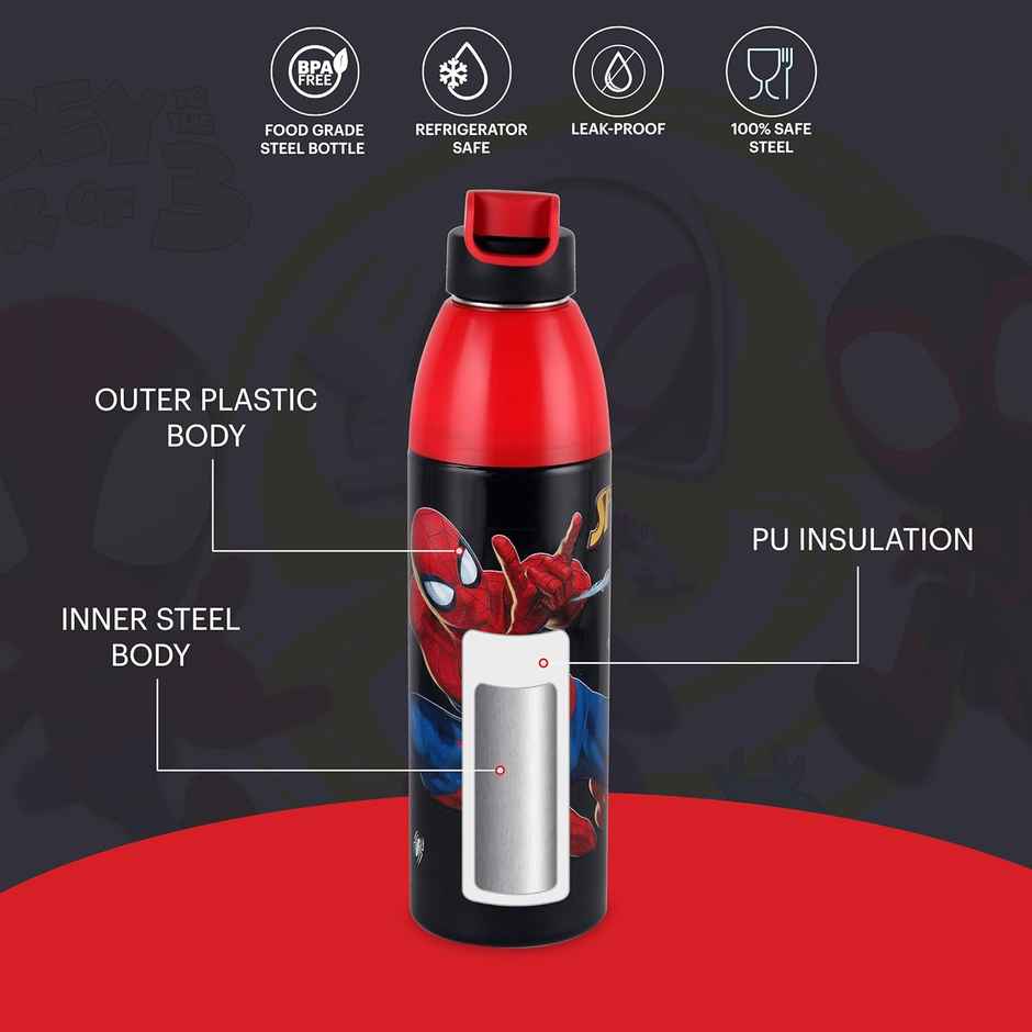 CELLO Kidzbee Uranus 600 Spiderman Print Water Bottle 540ml, Black |Leakproof Flip Cap