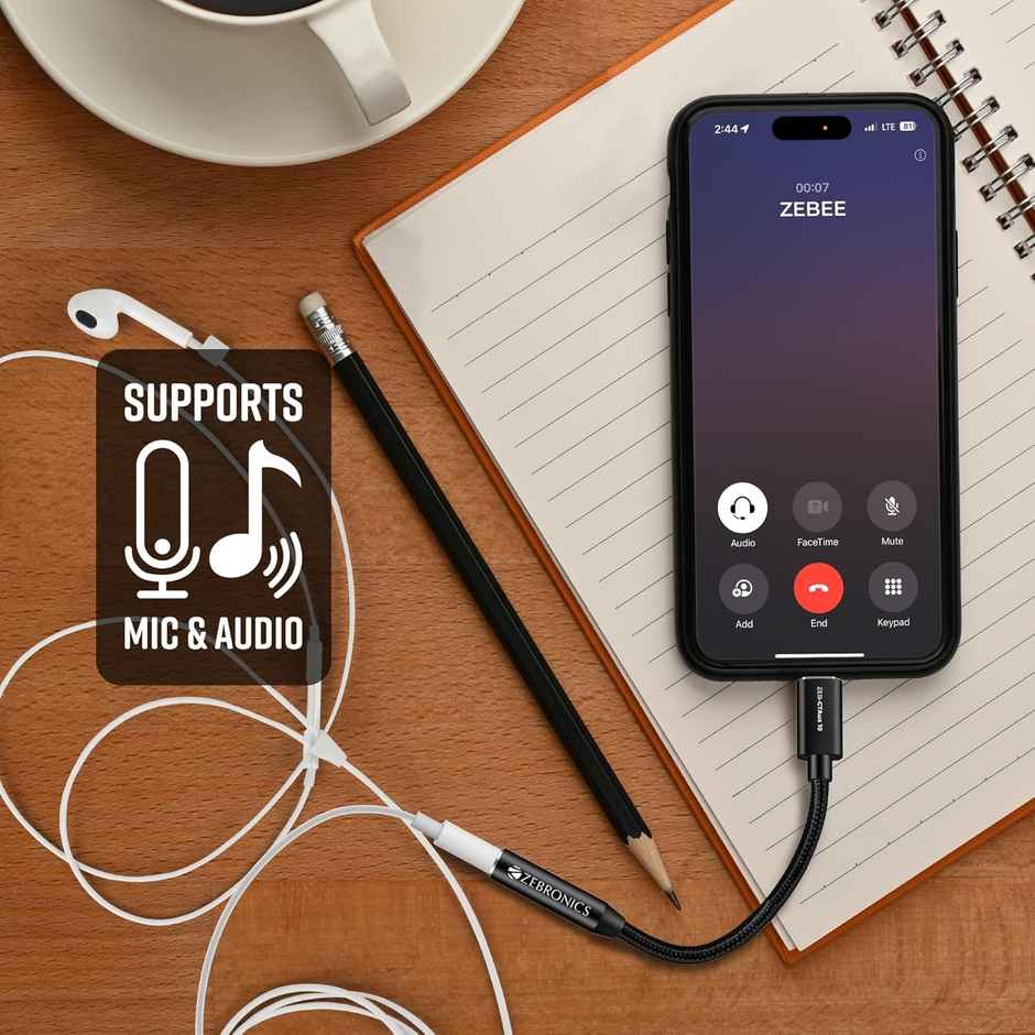 Zebronics CTAux10 Type C to 3.5mm Converter, Built-in DAC Chip, Supports Mic & Audio, Metal Body, Braided Cable, for iPhone 16 series, 15 series, Samsung, Android & Type C Smartphones, Tablets, Laptop - Black