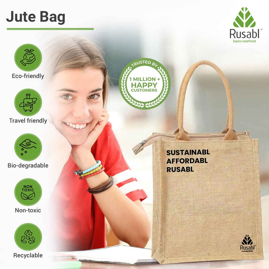 Rusabl Jute Tote Lunch Bag with Zipper