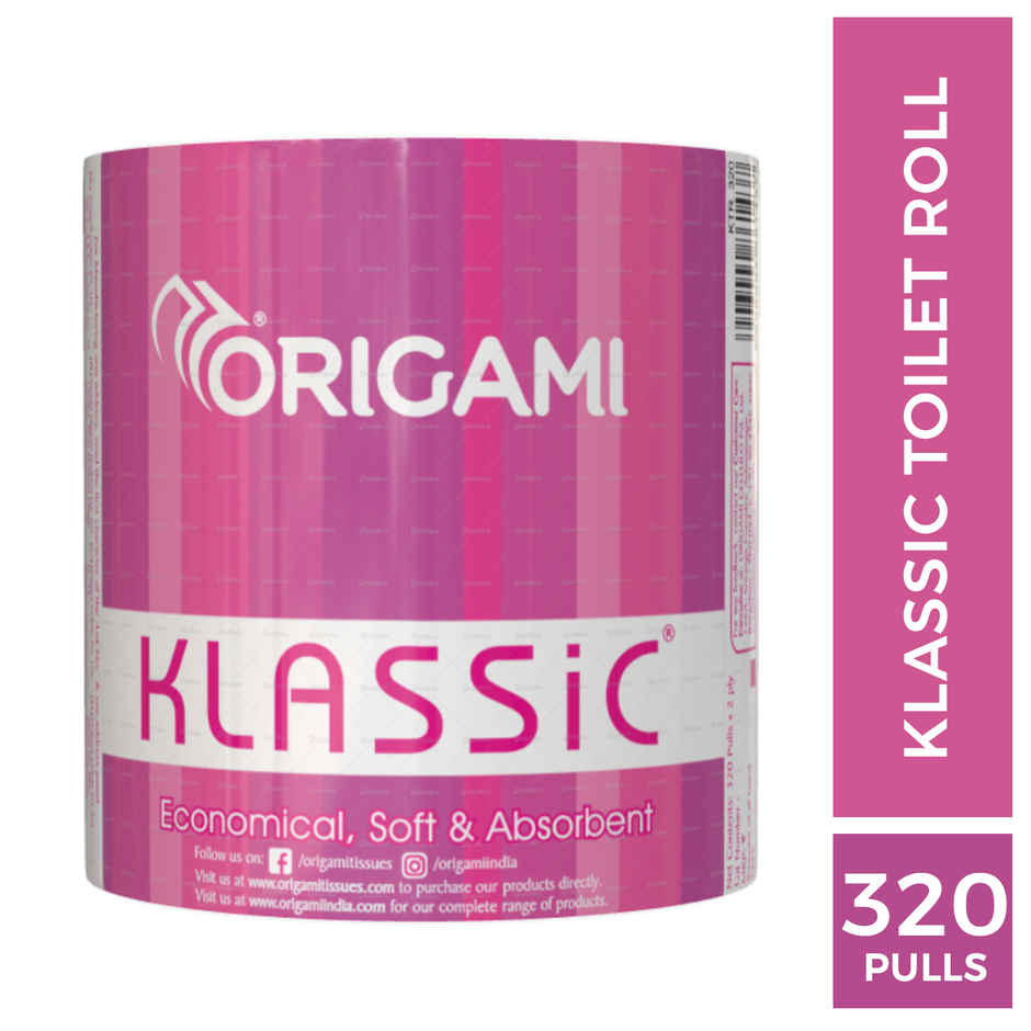 Origami Klassic 2 Ply Toilet Paper Roll Soft & Absorbent with Anti-Clog Feature 320 Pulls