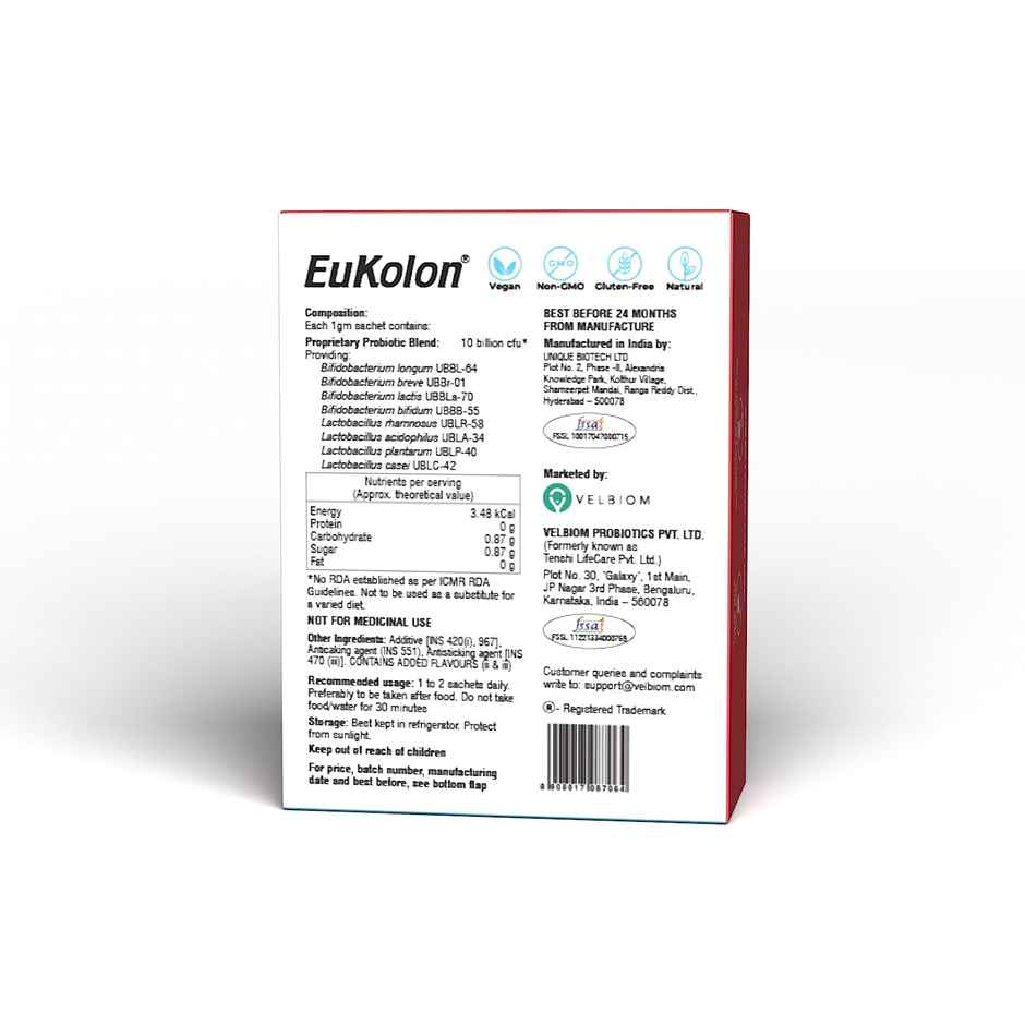 Velbiom Eukolon | Probiotic Supplement for Gut & Digestion | Pre + Probiotic | 10Bn CFU