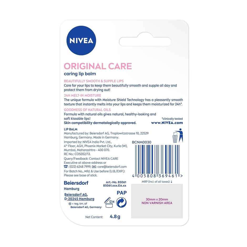 Nivea Lip Balm Original Care for 24h Moisture with Shea Butter & Natural Oils