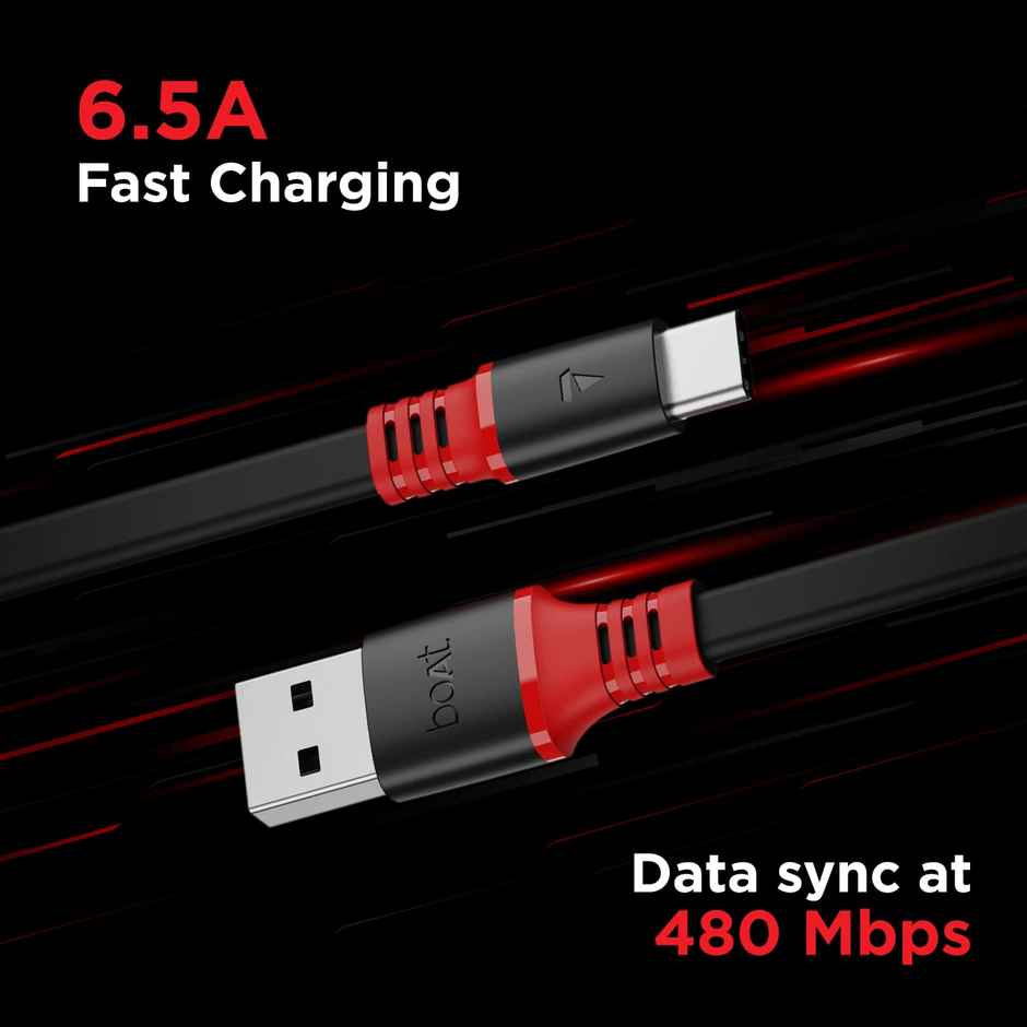 boAt Type C A750 6.5A Flat Super Fast Charging Cable w/Stress Resistance, Upto 65W/6.5Amp & Compatible w/Xiaomi, Oneplus, Samsung, Vivo, Oppo,480 Mbps Data Transmission Speed,1.5M - Rebellious Black