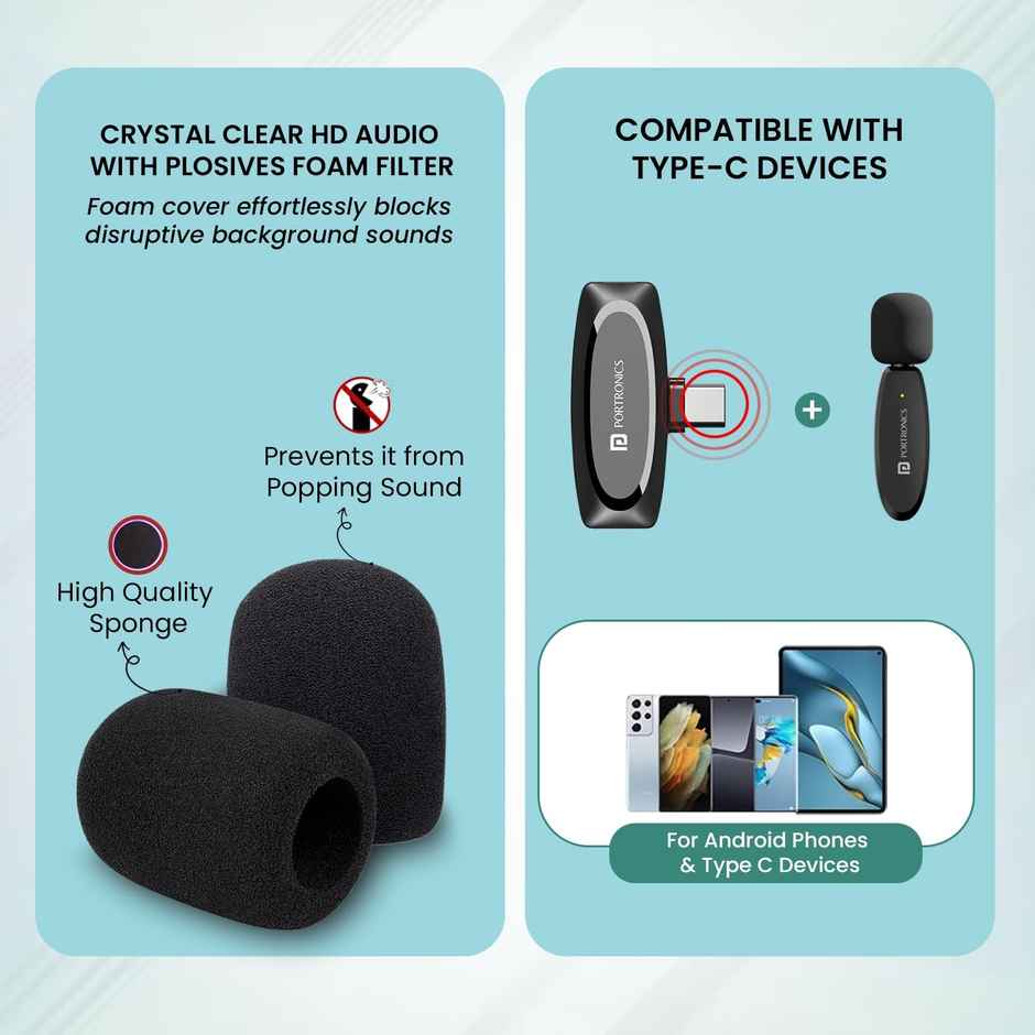 Portronics Wireless Microphone with type C Receiver(Black)