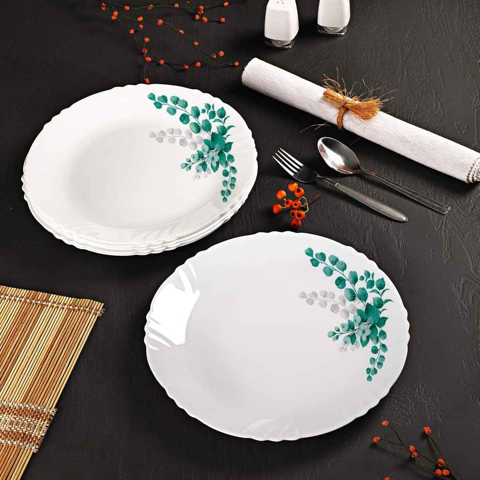 Cello Imperial Aqua Leaves Dinner Plate 11Inch Full Plate Set Of 6 Opal Glass White