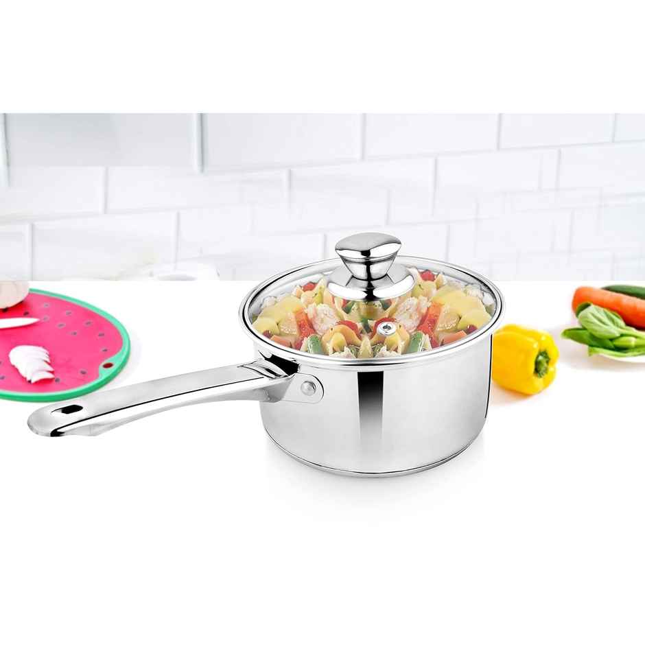 BAY6 Capsule Bottom Stainless Steel Saucepan with Glass Lid (14 cm)