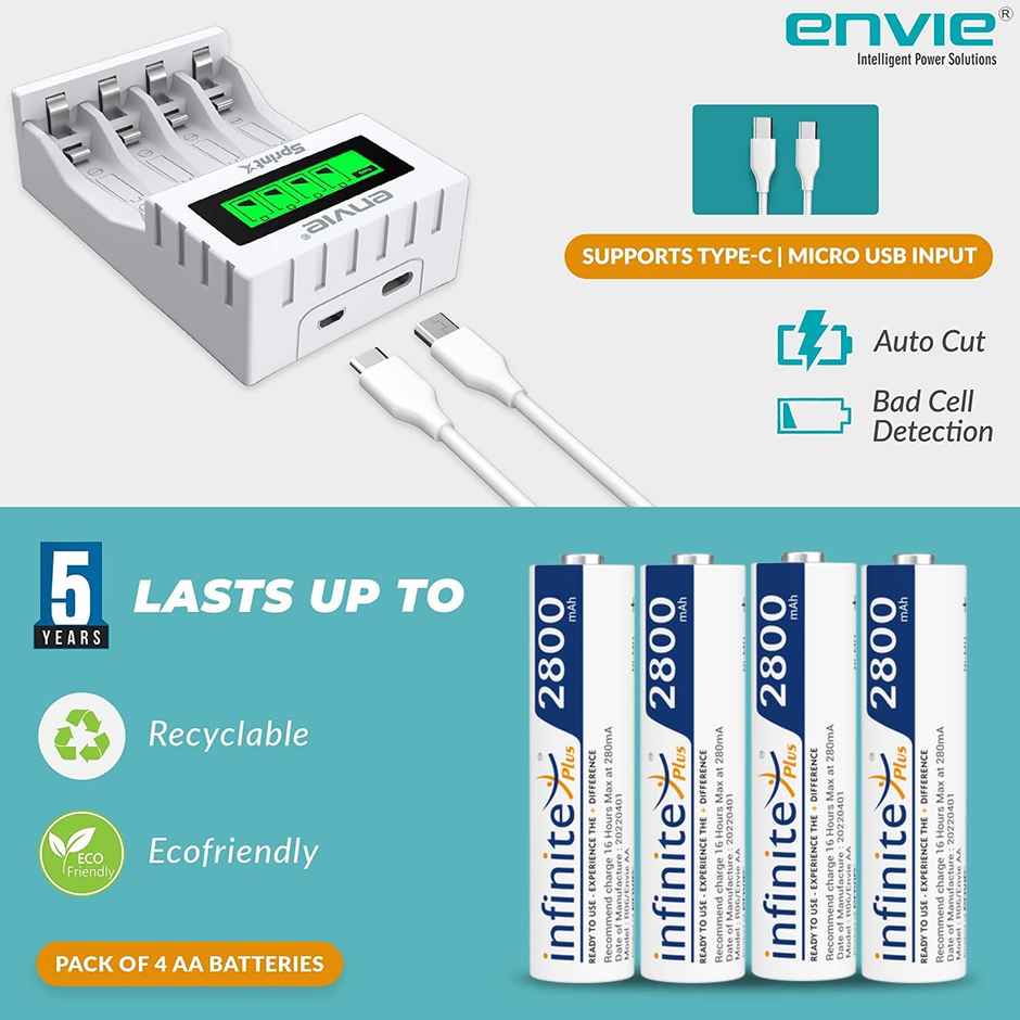 Envie (ECR11MC + 2800 4PL) SprintX Ultra Fast Rechargeable Batteries Charger for AA & AAA Ni-MH with 4xAA2800mah Rechargeable Batteries, with Over Charge Protection