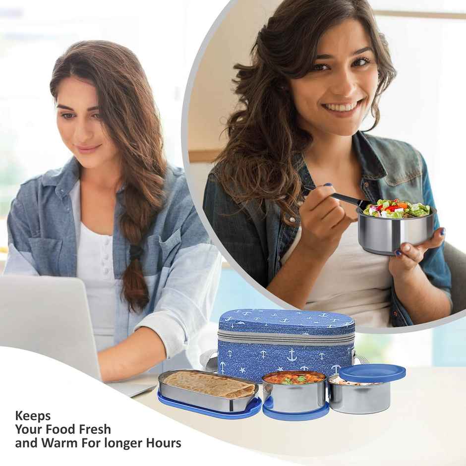 Milton Corporate Lunch Box Stainless Steel 2 Round 280Ml Each & 1 Oval Container 500Ml - Bag Blue