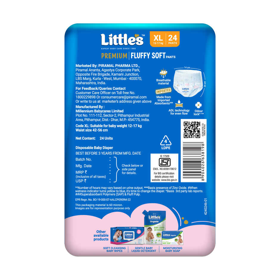 Little's Fluffy Soft Premium Baby Pant Style Diaper | XL | Leakage Free | 24 pcs