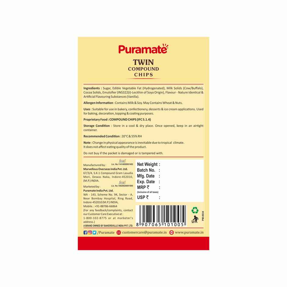 Puramate Twin Compound Chips | Multi-Purpose Baking Chips
