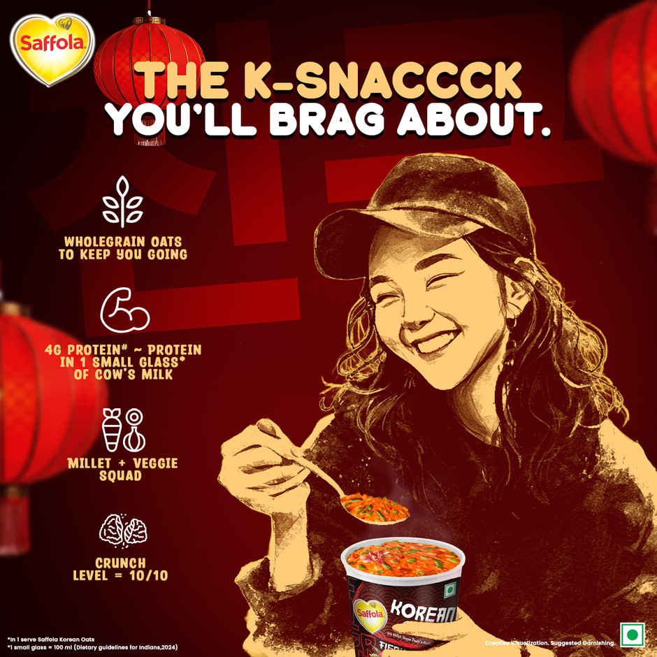 Saffola Foods Korean Cuppa Oats | Fiery Hot with Chilli Dressing Sachet | Ready in 4 mins
