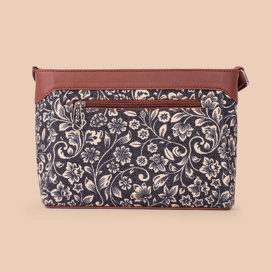 Zouk Women's Floral Vegan Leather and Handcrafted Fabric 3.69 L Sling Bag | Black - One Size