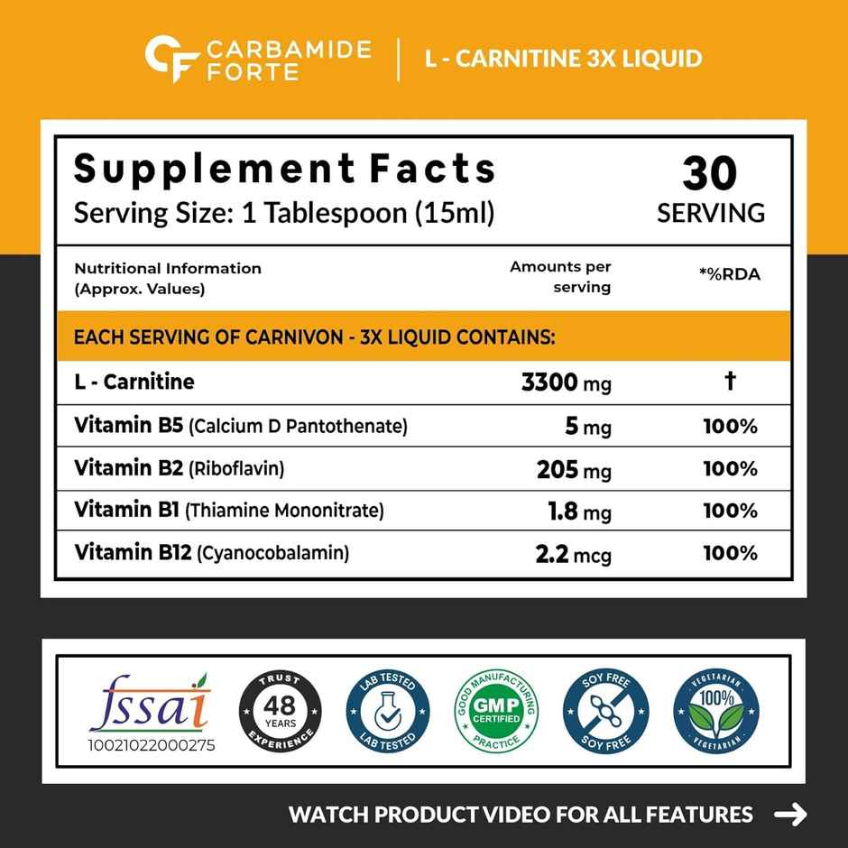 Carbamide Forte L Carnitine Liquid 3300mg Per Serving with Added Vitamins - Mango Flavour
