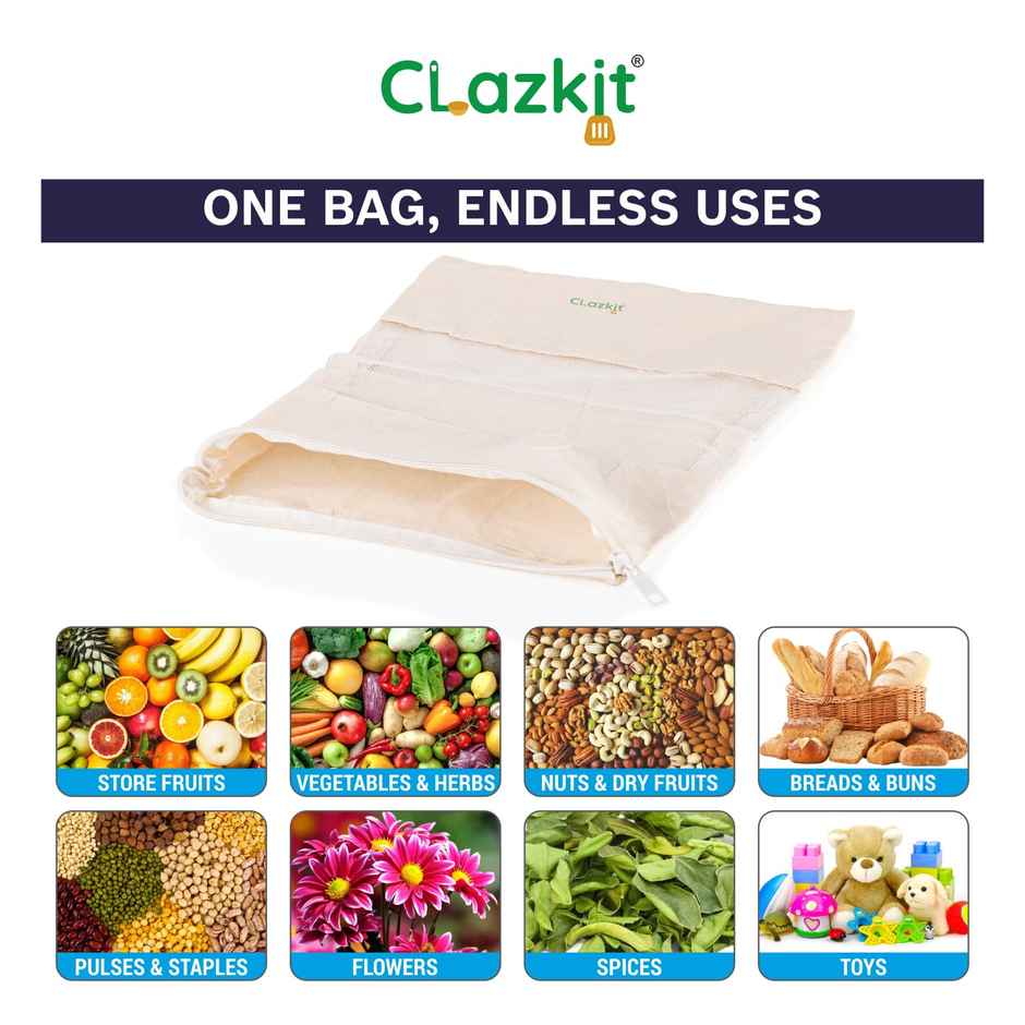 Clazkit Cotton Vegetable Bags Fridge Storage Bag | 10 x 14 Inch | PACK OF 6