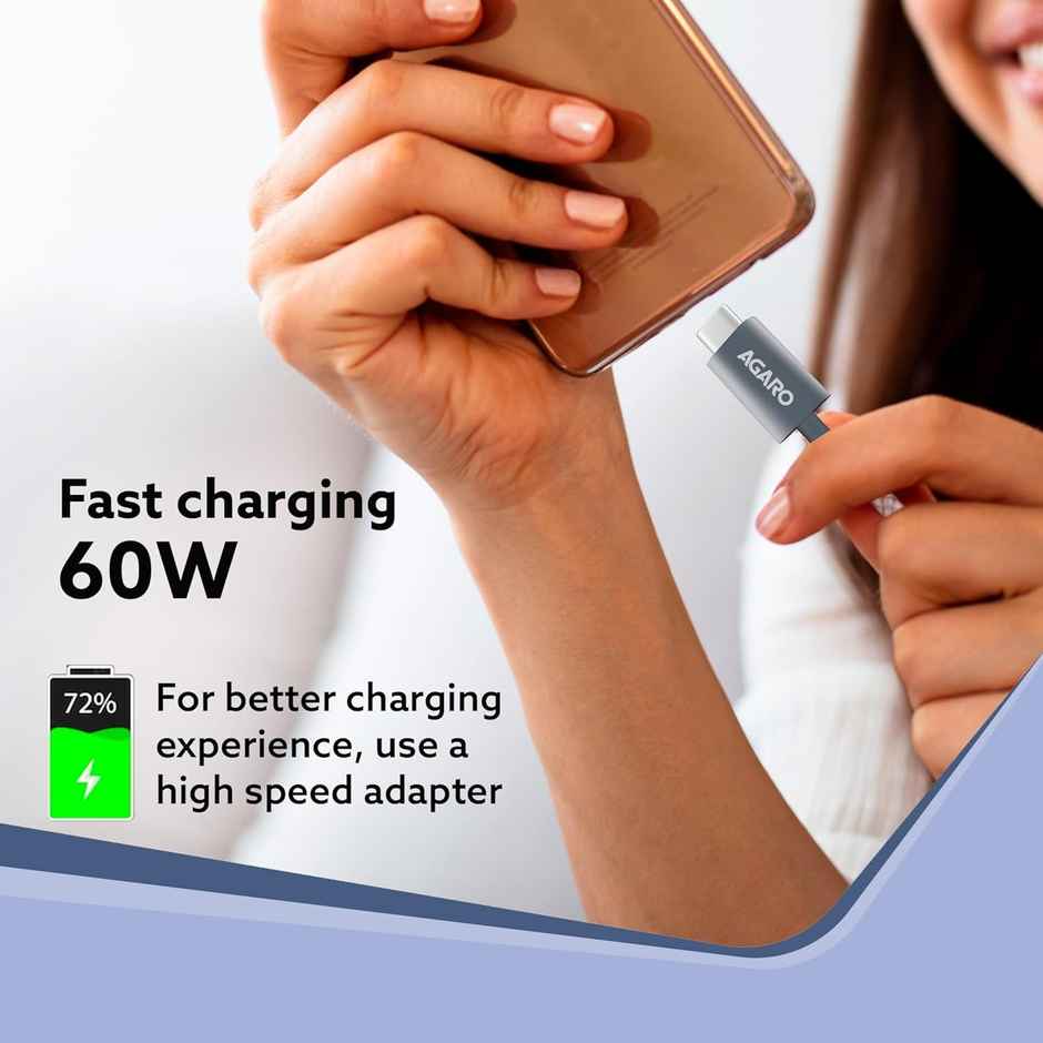 Agaro Type C to Type C Cable, 60W, 4A, Supports PD, Nylon Braided Fast Charging Cable Compatible With Type C Devices Including Android Phone, iPhone, Laptop & MacBook, 1M, 480 Mbps Data Transmission