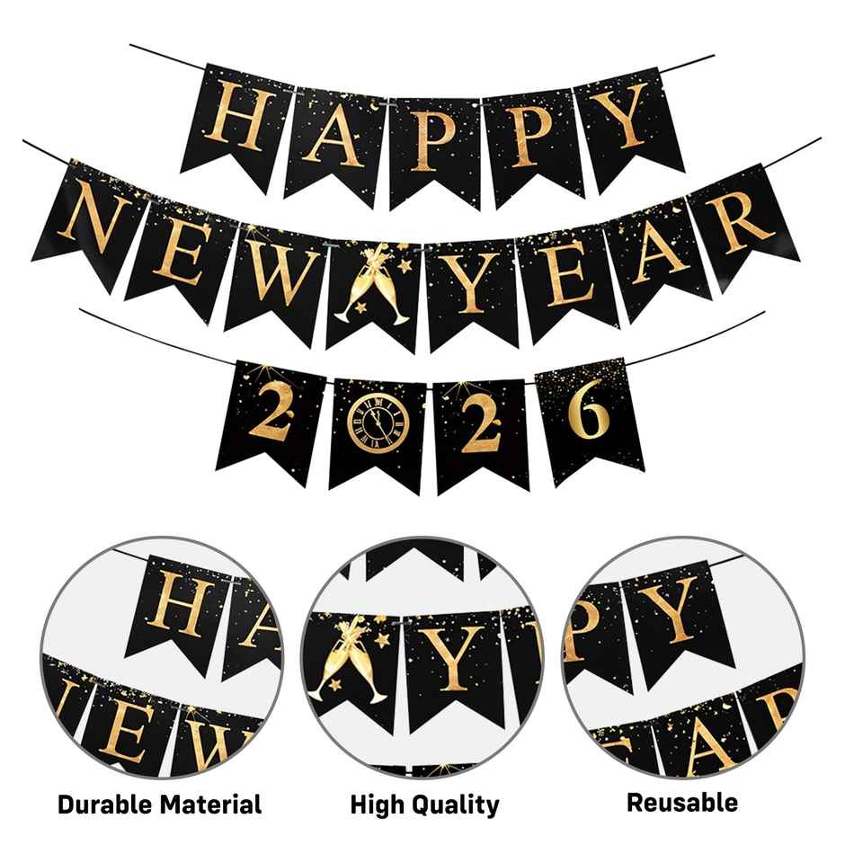 Happy New Year 2026 Decor | Black & Gold Balloons with Banner | Party Propz