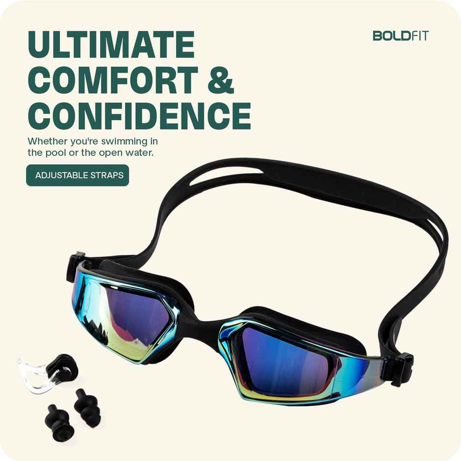 Boldfit Swimming Goggles for Unisex Adjustable Strap | Airtight Fit | Ear & Nose Plug - Black