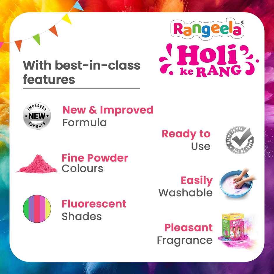 Holi Gulal Colours | Electric Green, Lavender Magic, Rosy, Radiant Pink, Luminous Yellow | Rangeela