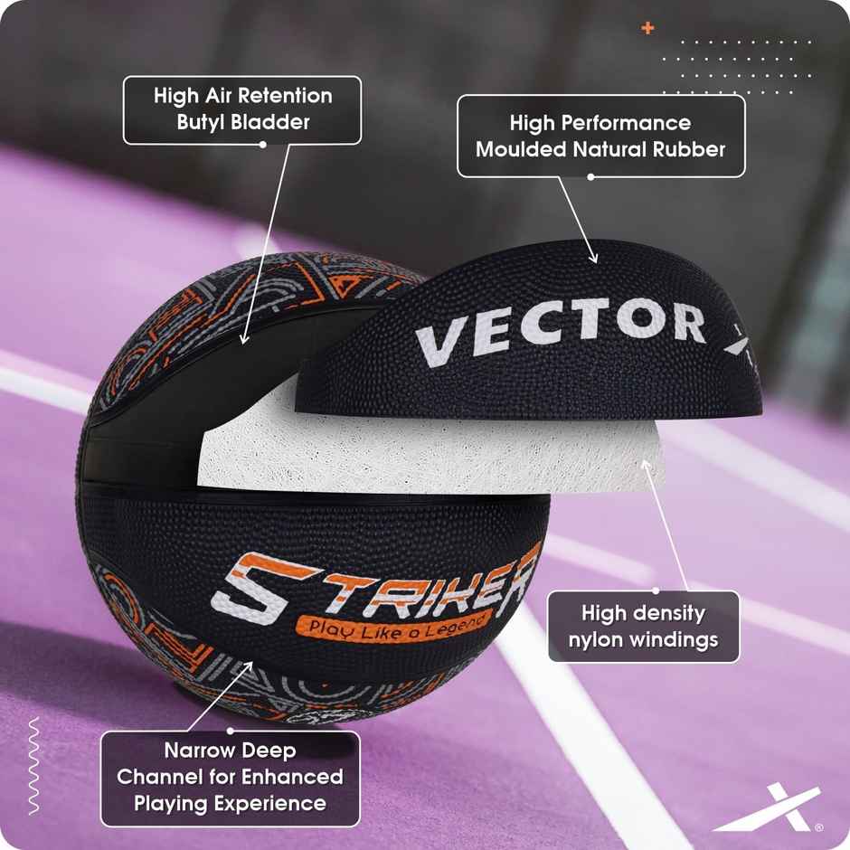 Vector X 8 Panel Striker Rubber Moulded BasketBall with Needle | Size - 7 | Black-Orange