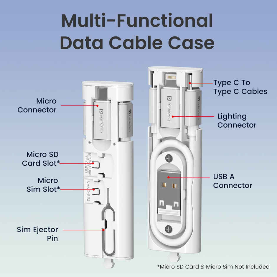 Portronics Snapcase 4 60W Multifunctional Fast Charging Data Cable Transparent Kit | White