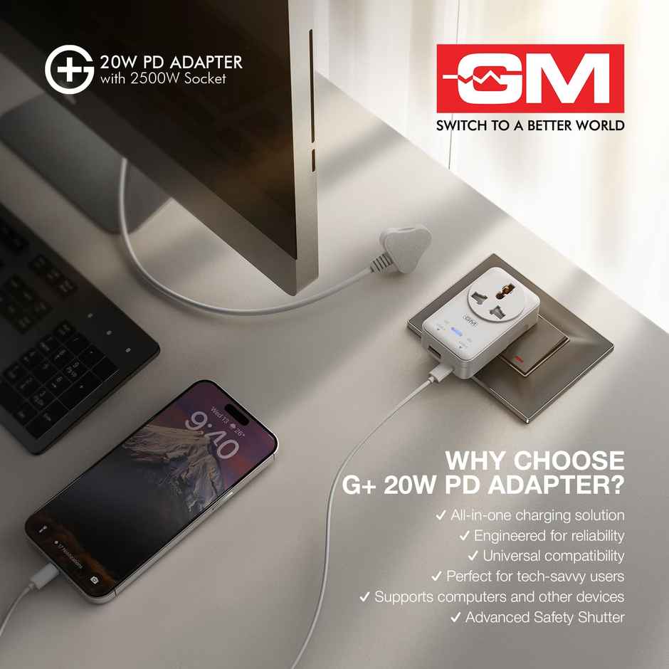 GM G+ 3-in-1 20W PD Fast Charging Adapter with 2500W Universal Socket