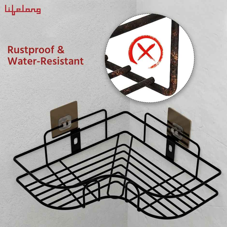 Lifelong Bathroom Corner Shelf For Storage - Mild Steel Wall Mounted Washroom Rack Pack Of 2 Black