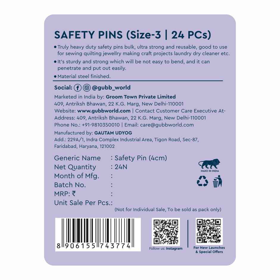 GUBB Safety Pin - Size 3 | Pack Of 24