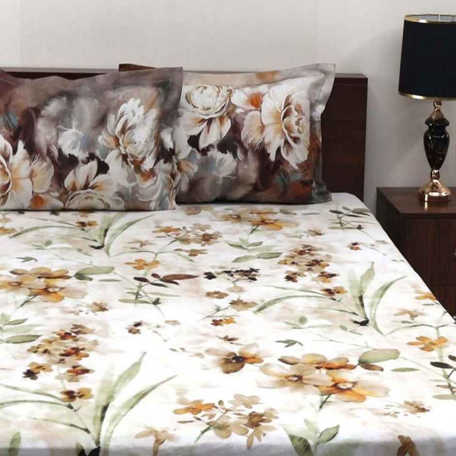 Bombay Dyeing Blooming Muse 144 TC 100% Cotton Brown Super King Size Bedsheet with 2 Pillow Covers