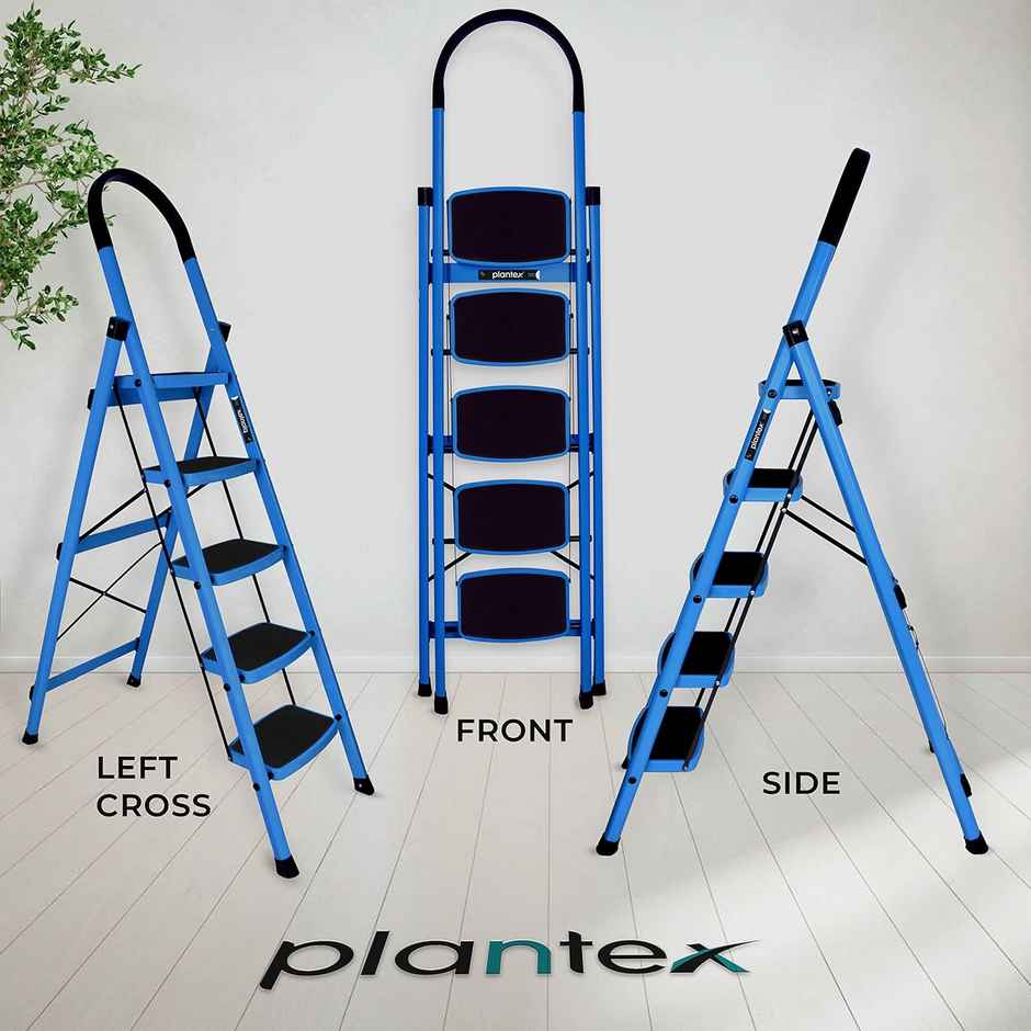 Plantex Premium Foldable 5-Step Steel Ladder for Home Use - Anti-Skid Steps, Blue and Black
