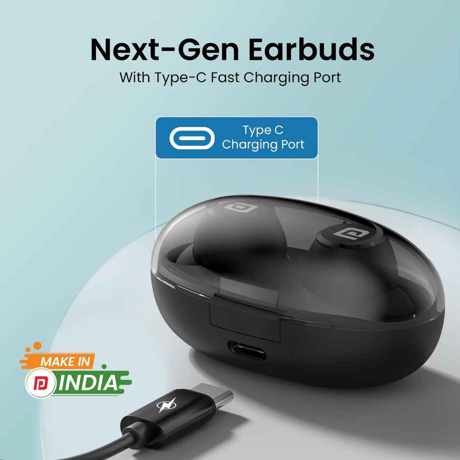 Portronics Harmonics Twins S13 in Ear TWS Earbuds with Mic, 24H Playtime, Game/Music Mode, Touch Control, 8mm Driver, Bluetooth 5.3v,IPX5 Water Resistance, Type C Fast Charging - Black