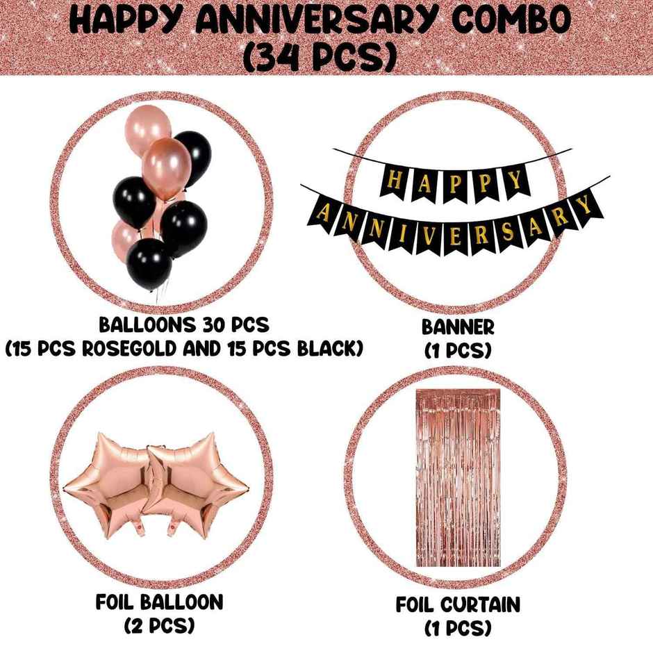 Happy Anniversary Rose Gold Combo Decoration Kit | Pack of 34 | Party Propz