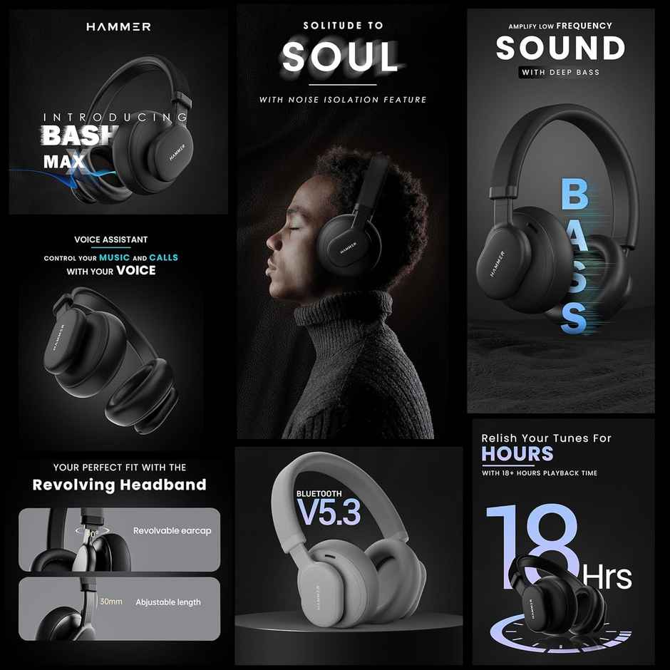 Hammer Touch Control Bash Max Over The Ear Wireless Bluetooth Headphones With Mic - Black