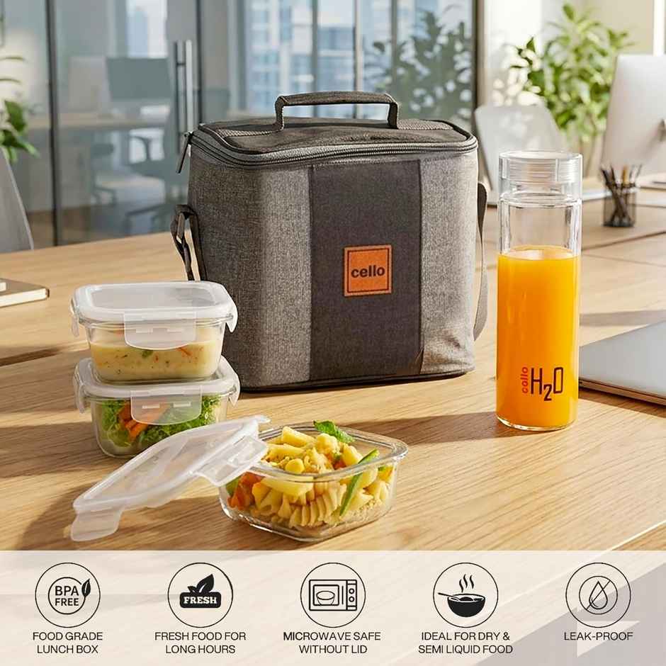 Cello Glassy Square Bottle Lunch Box | Borosilicate Glass | 3 x 320ml and 500 ml | Clear