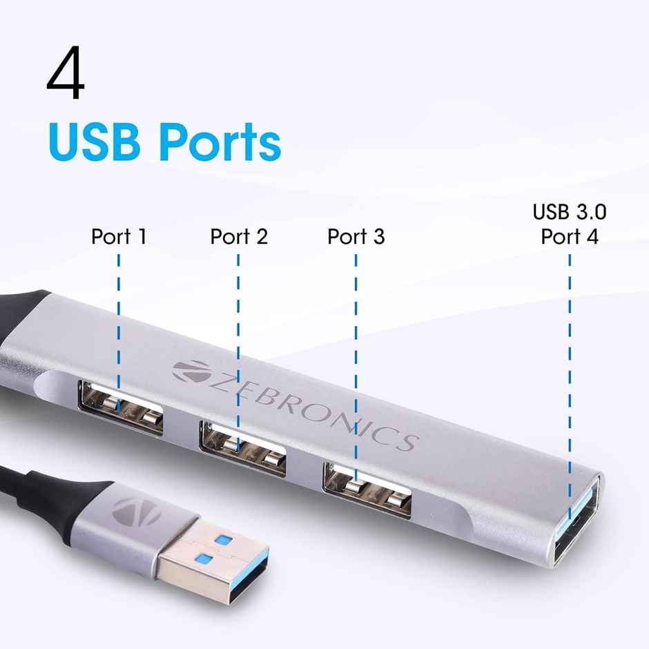 Zebronics 200HB USB 3.0 4 Port hub with Hi Speed Data Transfer, Aluminum + ABS Body, 15cm Cable, Sleek Design and Plug Play Usage - Black & Grey