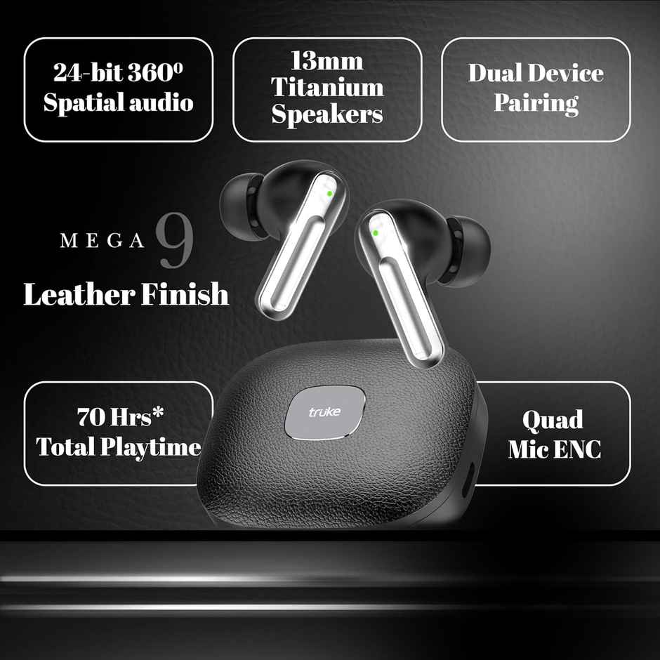 truke Mega 9 Buds w/ 24-bit Spatial Sound, 70H battery, Leather finish, Speakers | Charcoal Black