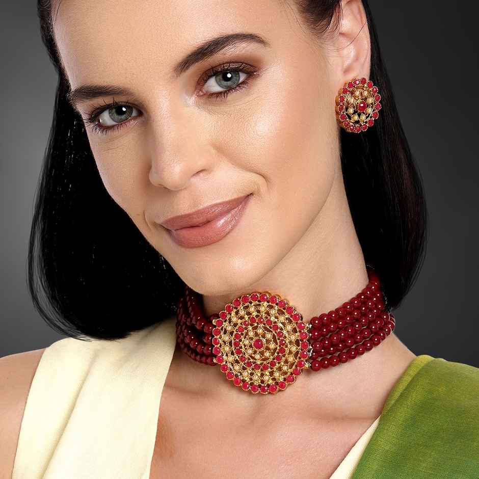 Peora Gold Plated Kundan Beads Choker Necklace with Round Earrings Traditional Jewellery Set